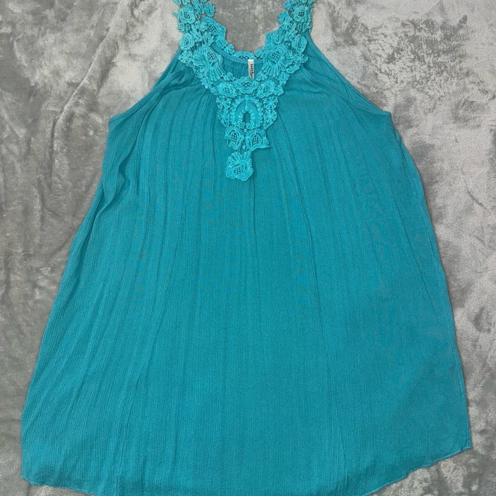 Teal Sleeveless Lace Trim Dress - Picture 2 of 8